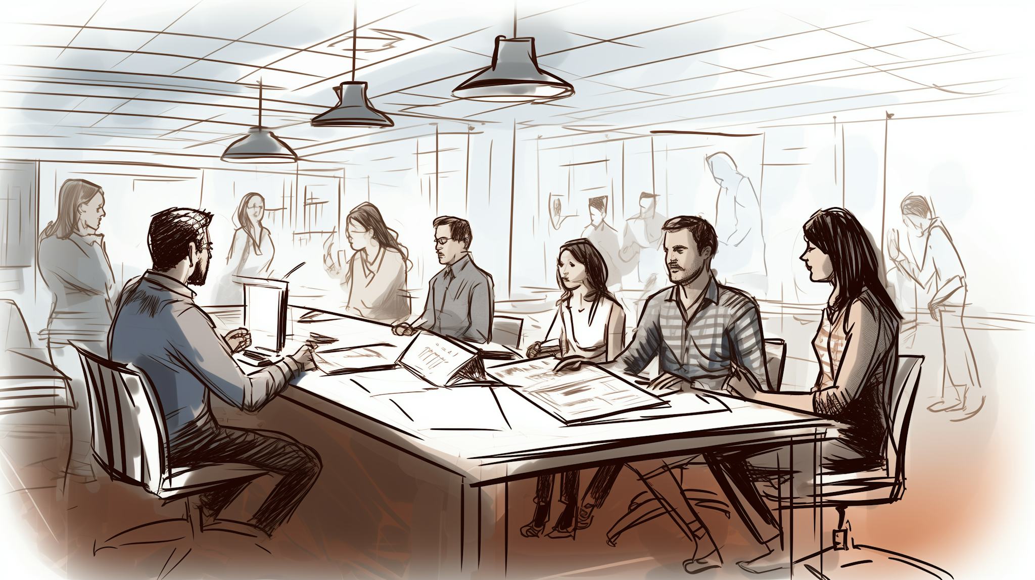 Illustration of a group of people drawing in an ideation session